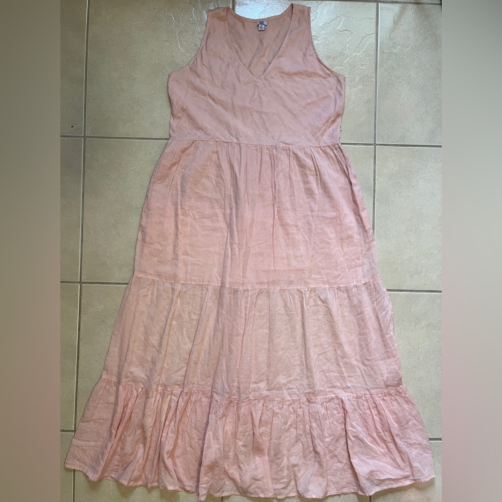 Sol Women’s M Pink Tiered Maxi SunDress V-Neck Sleeveless Lined Cotton Pockets